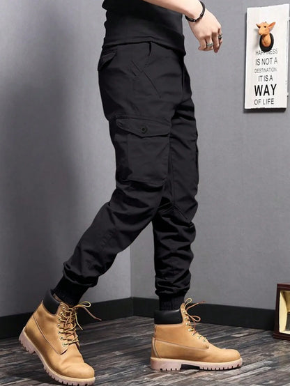 Men's Casual Cargo Pants — Side Flap Pocket Tapered Workwear for Spring & Fall Outdoor Activities