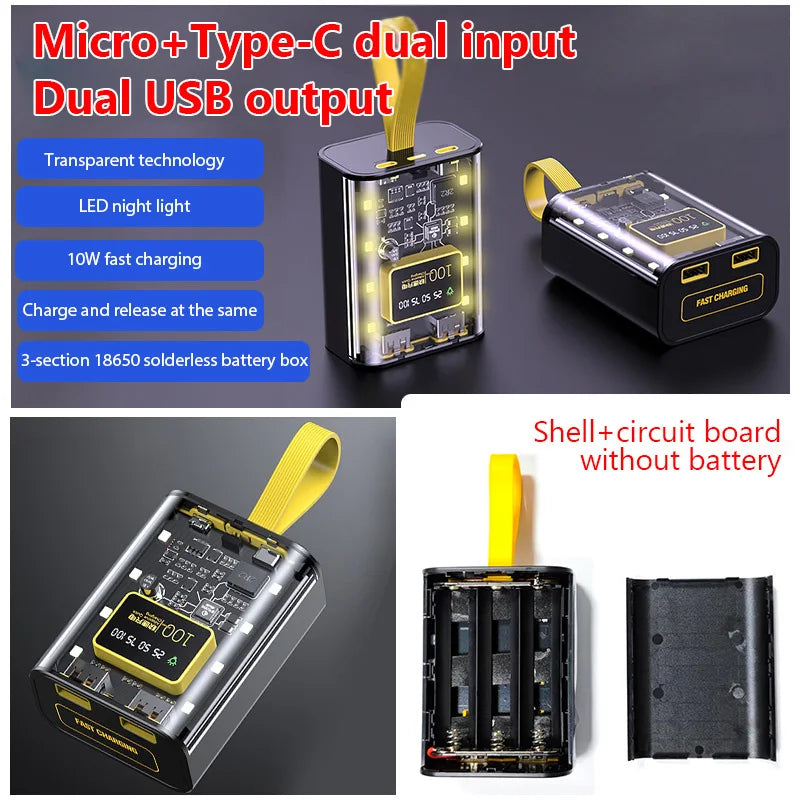 3x18650 Battery Charger Case - DIY 5V 2A Power Bank Box with Dual USB Output & LED Night Light