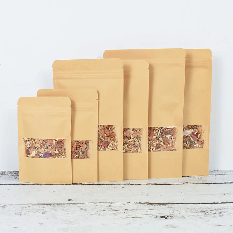 20/50pcs Kraft Paper Zip Lock Bags with Window - Self-Sealing Storage for Food, Snacks, Tea, Wedding, Home Candy Gifts, and Packaging Pouch