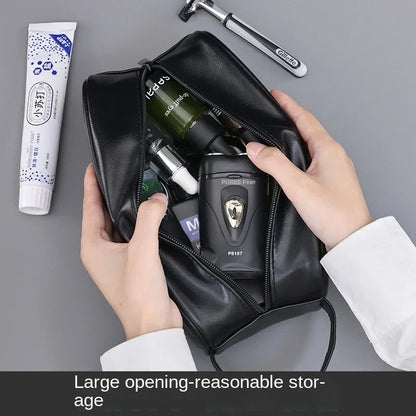 Men’s Leather Travel Wash Bag – Large Capacity Portable Toiletry Cosmetic Organizer with Multi-Pocket Design for Business Trips