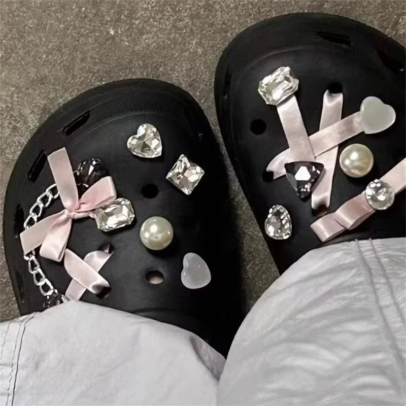 Pink Cute Shoe Charms with Ribbon Bow – Designer Clog Accessories for Girls & Women