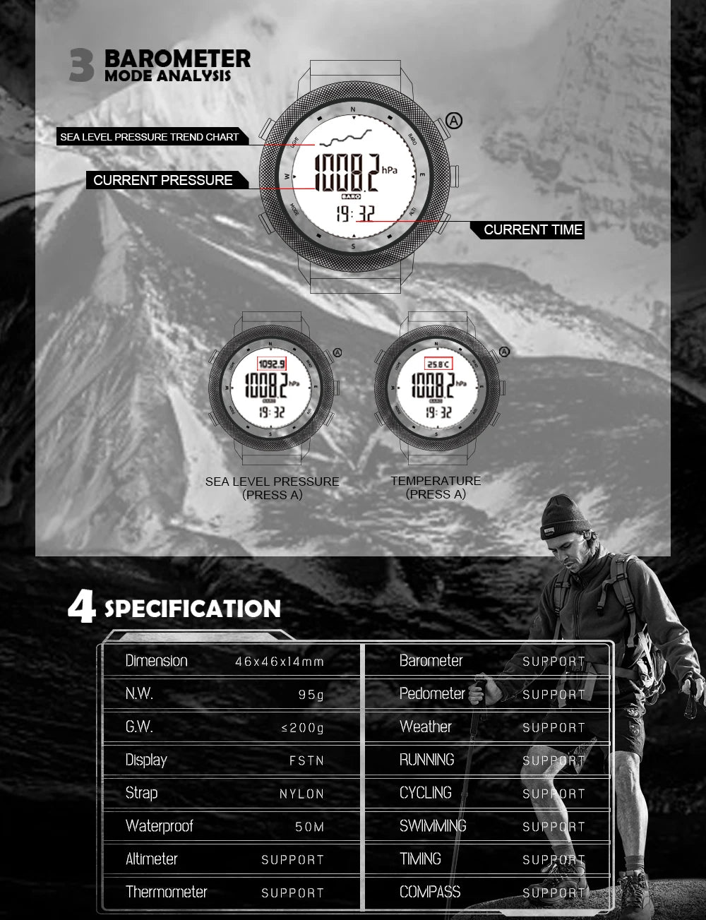 NORTH EDGE APACHE-46 Men’s Digital Outdoor Watch – Altimeter, Barometer, Compass, WR50M Sports Watch