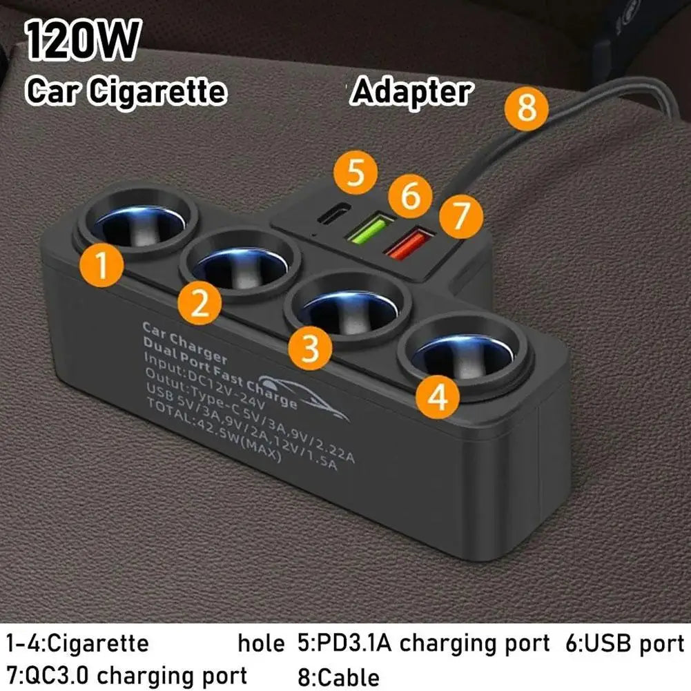 PD QC3.0 Dual USB Car Charger - 120W 12V/24V Cigarette Lighter Splitter for Phone, DVR and Dashcam