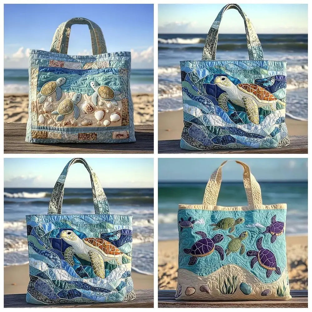 Turtle Print Quilted Tote Bag - Large Capacity Soft Canvas Shoulder Bag with 3D Ocean Turtle Design