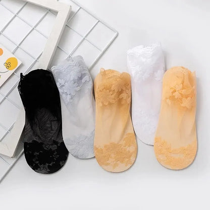 5 Pairs Summer Pure Cotton Women Socks - Leaves Lace Invisible Thin Ladies Boat Hollow Non-slip Shallow Stockings