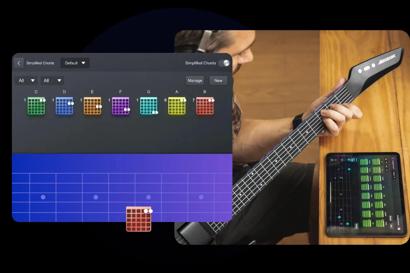 AeroBand Painless Smart Guitar - Silicone Strings, Bluetooth, 8 Sounds, USB MIDI Function, Ideal Gift for Adults