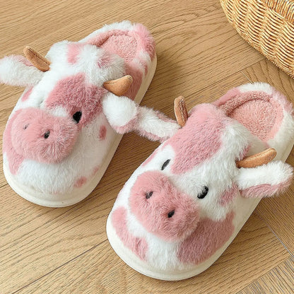 Women’s Fluffy Cartoon Cow Slippers – Cute Casual Flat Plush Winter Platform Shoes for Home