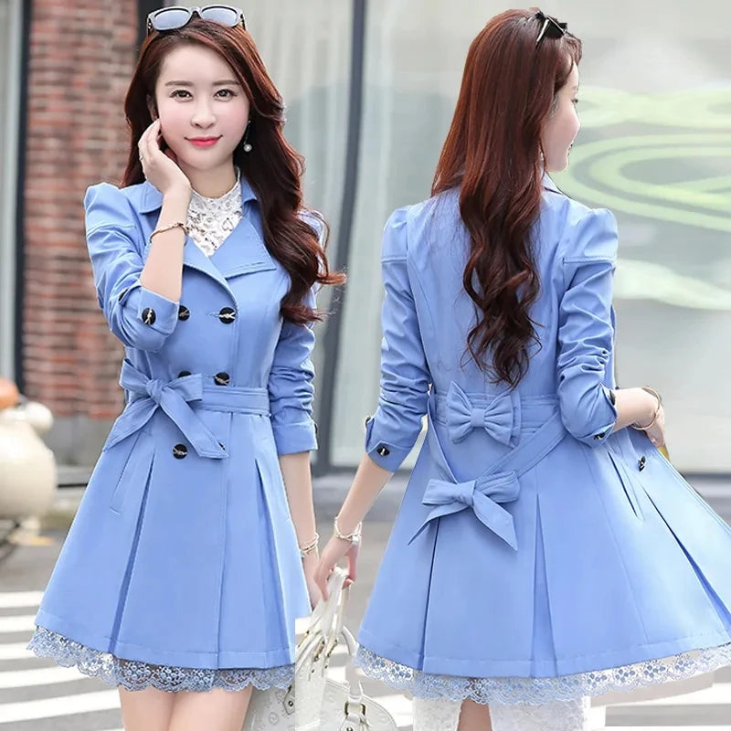 2025 Spring Autumn Women’s Slim Lace Trench Coat – Fashion Mid-Length Double-Breasted Windbreaker Outerwear