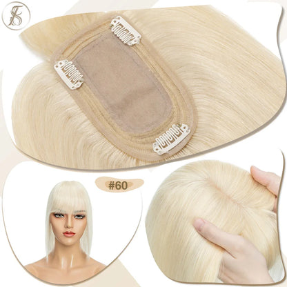 TESS Women Human Hair Topper With Bangs - 7x12.5cm Silk Base Clip In Hair Extension Natural Wigpiece