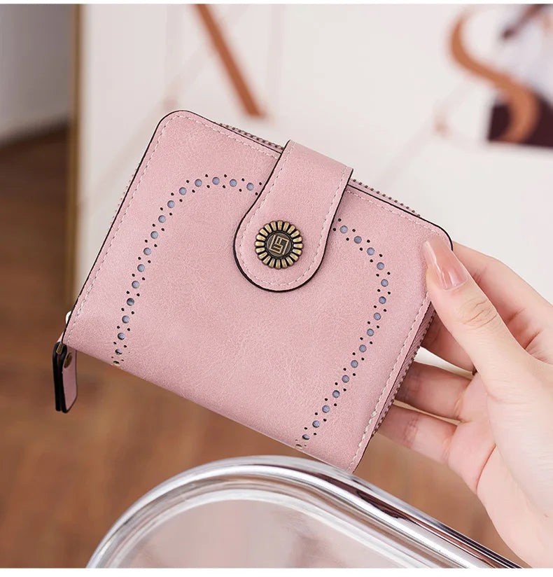 Retro Hollow-Out Short Purse for Women – Multi-Card Zipper Wallet, European & American Fashion Design