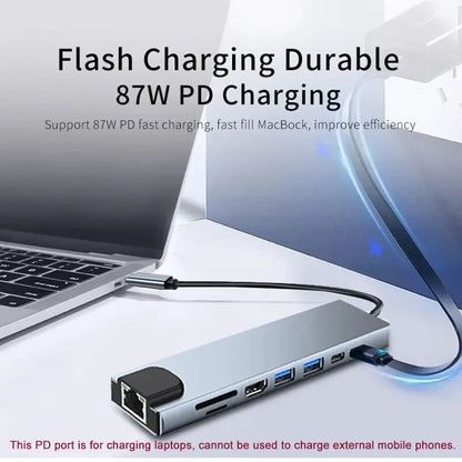 8-in-1 USB-C Hub 3.0 Splitter – 4K Docking Station Adapter with PD, SD, TF, RJ45, HDMI for MacBook Air M1, iPad Pro