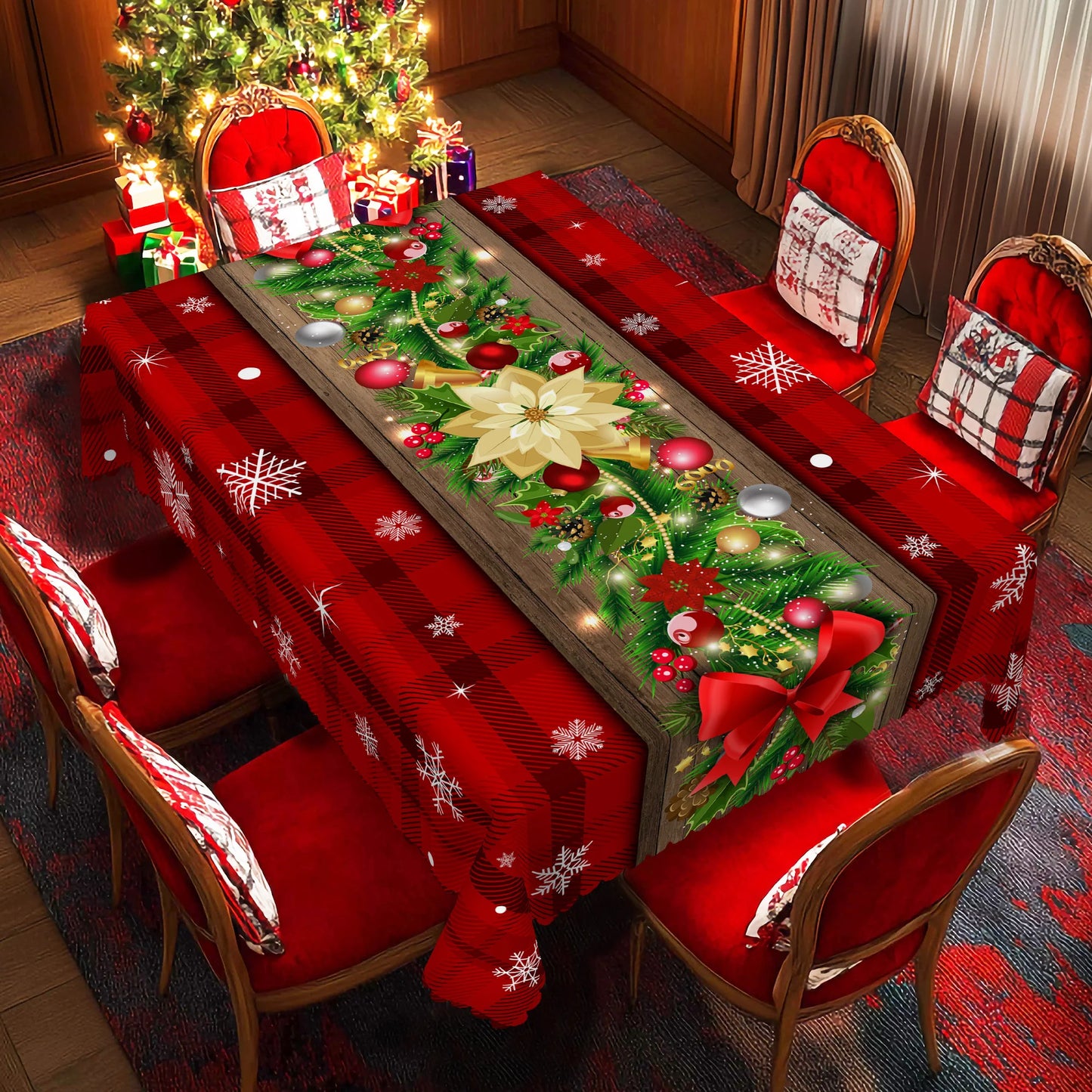 Christmas Printed Tablecloth - Holly Berry, Bow & Snowflake Holiday Dining Cover for Kitchen, Home & Terrace Decor