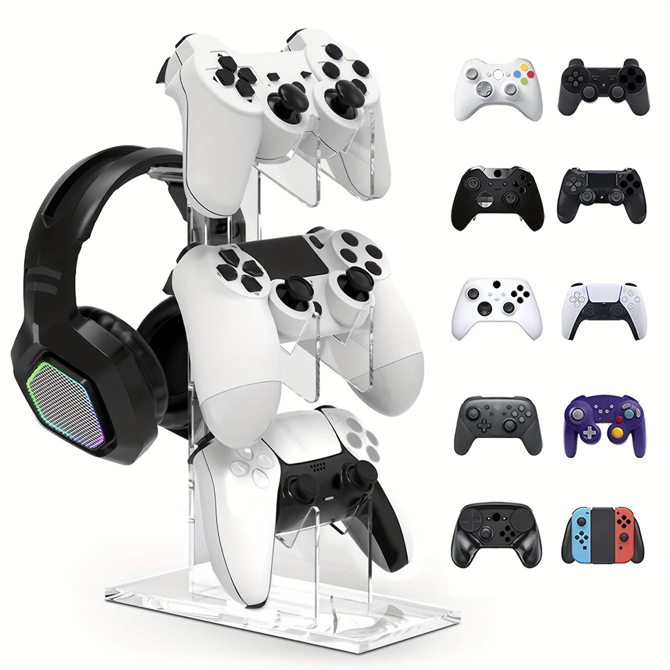 Universal 3-Tier Controller & Headphone Stand – PS5/PS4 Storage Holder in Black, White & Clear