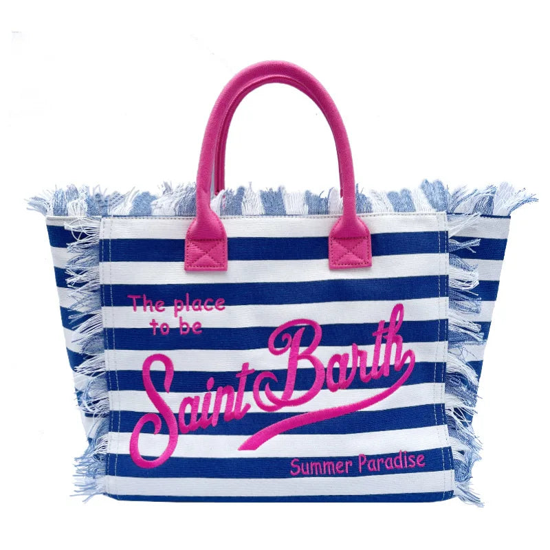 Saint Barth Large Capacity Women's Beach Handbag – European & American Style, Deep Blue Striped Tassel Tote