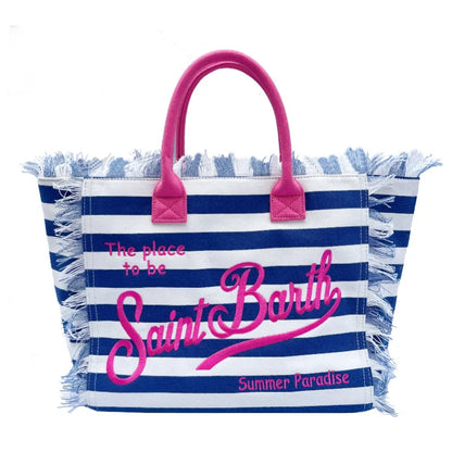 Saint Barth Large Capacity Women's Beach Handbag – European & American Style, Deep Blue Striped Tassel Tote