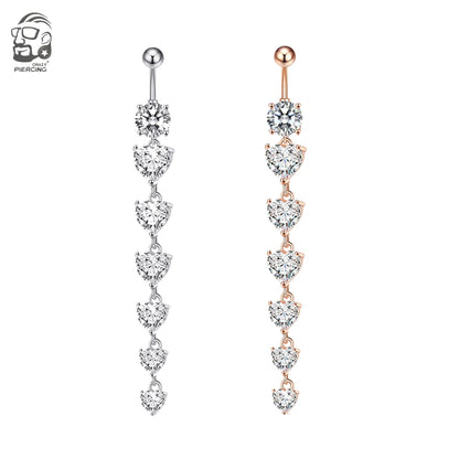 14G Surgical Steel Belly Button Ring – 7 Heart Crystal Long Dangle Navel Piercing Jewelry for Women