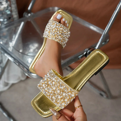 Women’s Rhinestone Flat Sandals - Crystal Embellished Non-Slip Summer Beach Slides