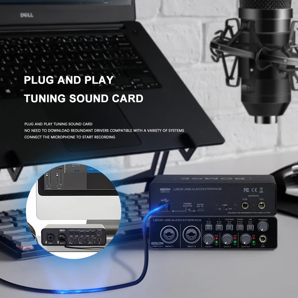 BOMGE U202 USB Audio Interface – Mic Preamplifier with XLR/TS/TRS Ports, 48V Phantom Power, 32-Bit/192kHz for Computer Recording & Streaming