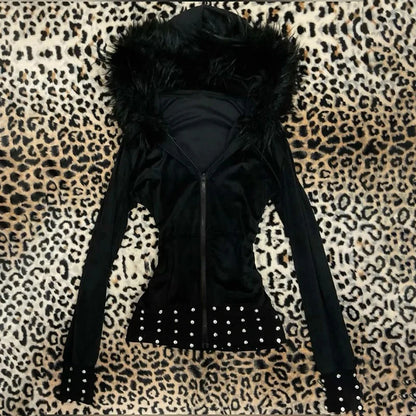 Women's Gothic Fur Collar Hoodie - Y2K Harajuku Slim-Fit Cardigan Sweatshirt for Autumn & Winter
