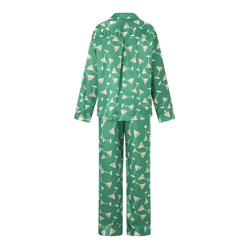 Imcute Women’s Christmas Satin Pajama Set – Long Sleeve Button-Down Top & Loose Lounge Pants Nightwear