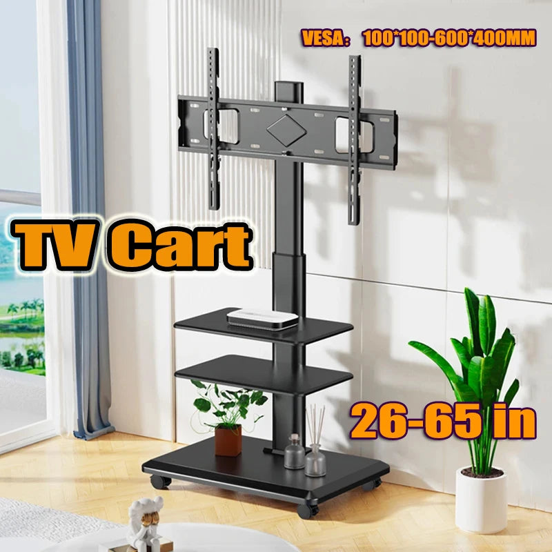 Rolling TV Stand on Wheels – Height Adjustable Mobile Cart for 32–65in Flat Screen TVs, VESA 600x400mm