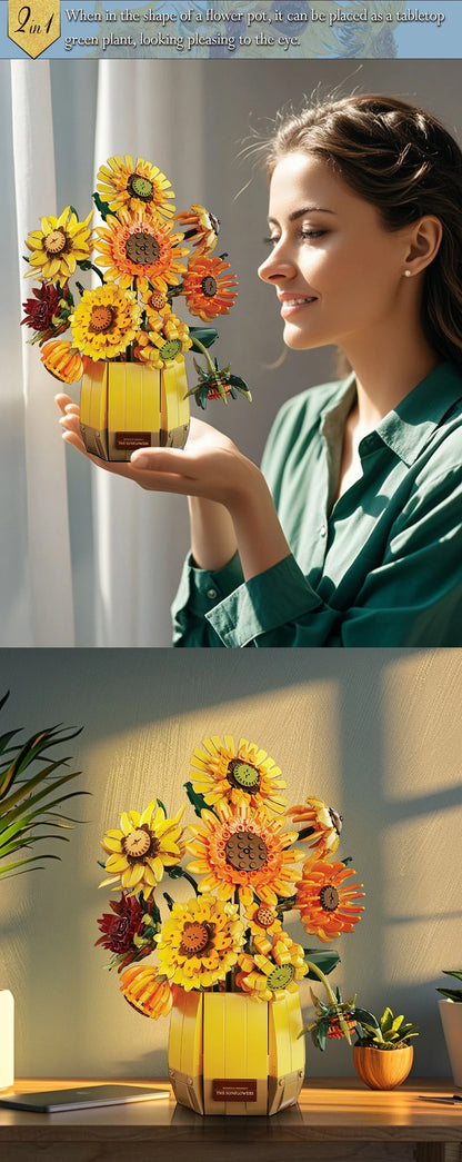 1328PCS Sunflower Building Blocks Set – Creative Flower Bouquet Vase Model for Home Decor & Kids Gifts