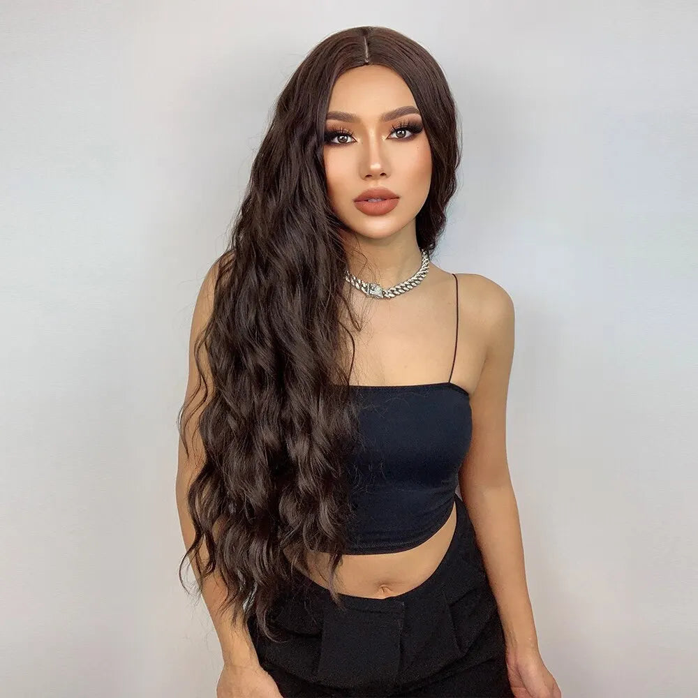 HAIRCUBE Long Brown Curly Wavy Wig: Synthetic Middle Part Wig for Women - Heat Resistant, Perfect for Any Occasion