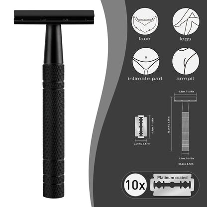 Double Edge Safety Razor for Men – Reusable Single Blade Razor with 10 Safety Razor Blades, Travel Essential Shaver