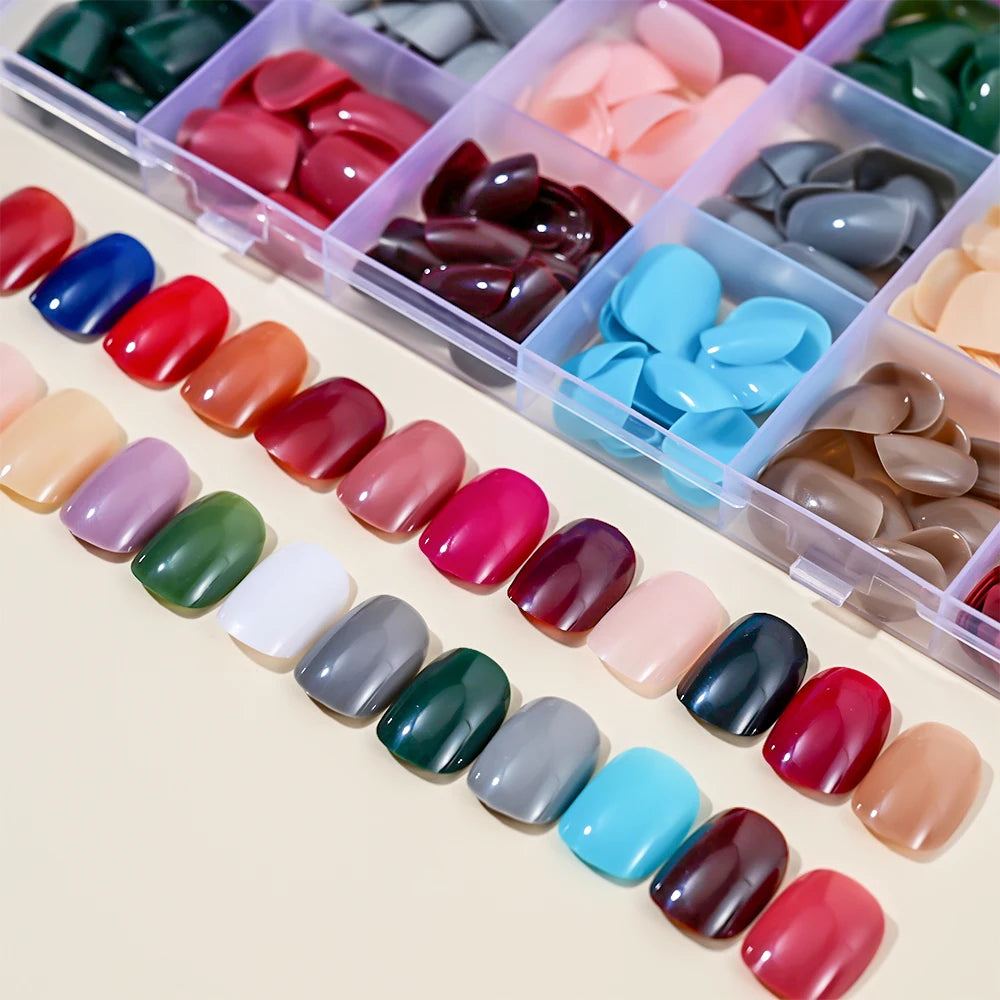 576PCS Colorful Press-On Fake Nails Set – Black & Red Oval/Square Short Full Cover Nail Tips for Salon-Style Nail Art