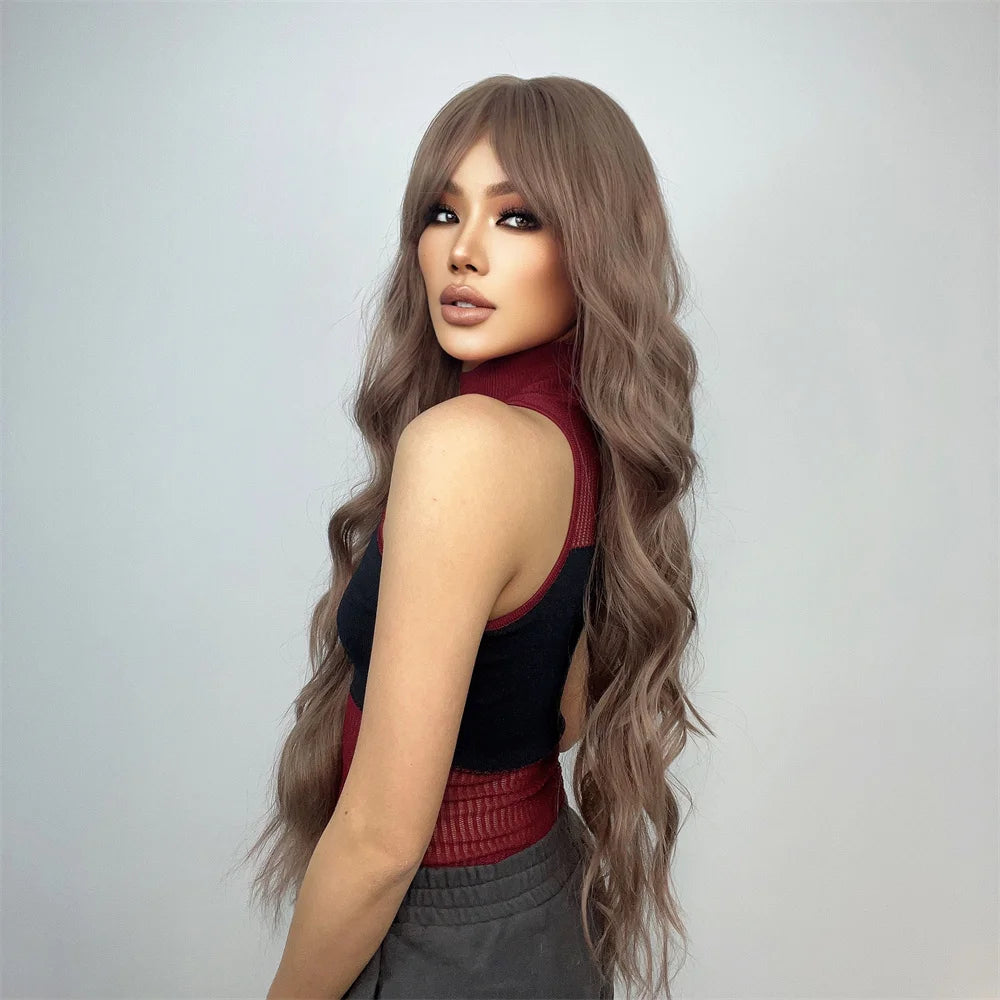 Super Long Curly Wavy Brown Synthetic Wig with Bangs – Heat-Resistant Afro Style for Cosplay, Party, Halloween, White Women
