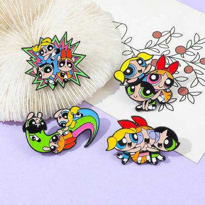 4-Piece Blossom and Bubbles Enamel Pin Set - Funny Cartoon Brooches for Backpacks, Clothing and Gifts