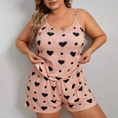 Plus Size Heart Print Pajama Set – Women’s Sleeveless Crop Top & Elastic Waist Shorts Nightwear