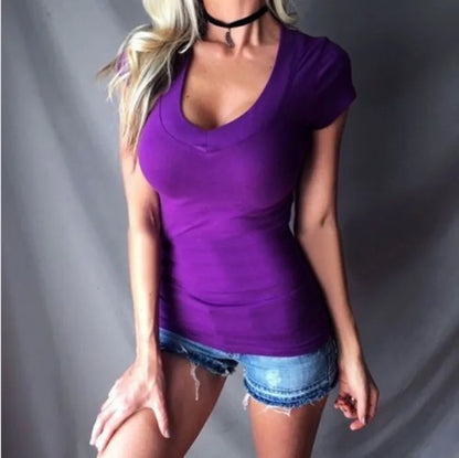 Women’s Summer Slim T-Shirt – Solid Color Deep V-Neck Sexy Short Sleeve Casual Top TXGL027