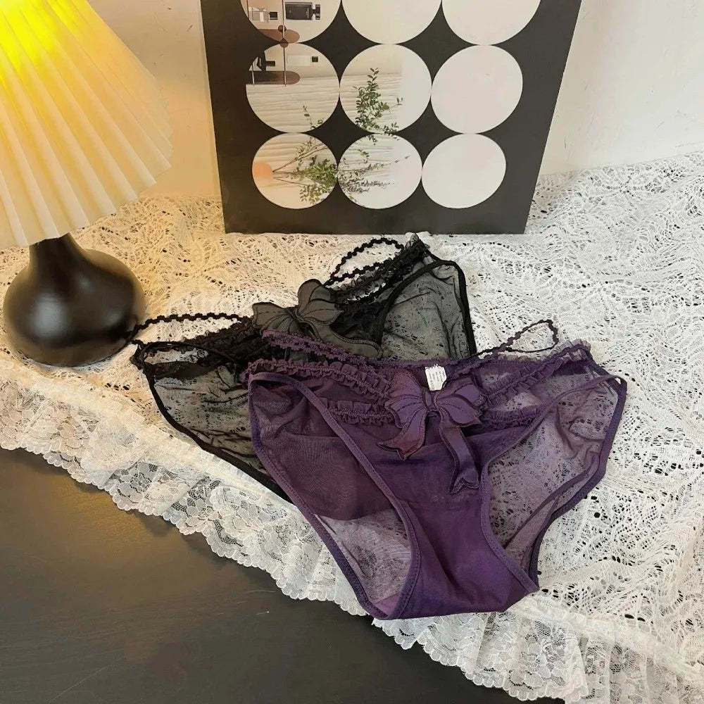Women’s Low-Waist Lace Briefs - Breathable Mesh Sheer Panties with Bow Detail
