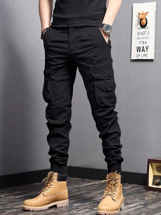 Men's Casual Cargo Pants — Side Flap Pocket Tapered Workwear for Spring & Fall Outdoor Activities
