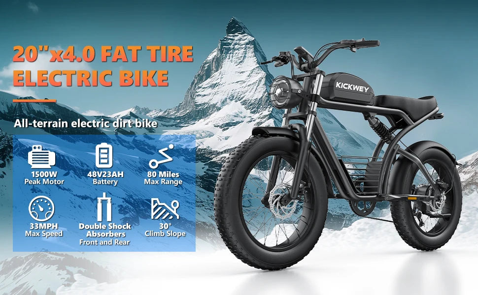 Kickwey K7 Adult Electric Bike — 1500W 48V 23Ah Mountain E-Bike, 20" Fat Tires, Off-Road Outdoor Adventure