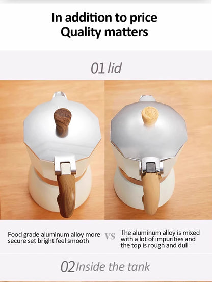 Vintage Wooden Handle Moka Pot – Classic Italian Espresso Maker 150ml/300ml for Home & Cafe Use