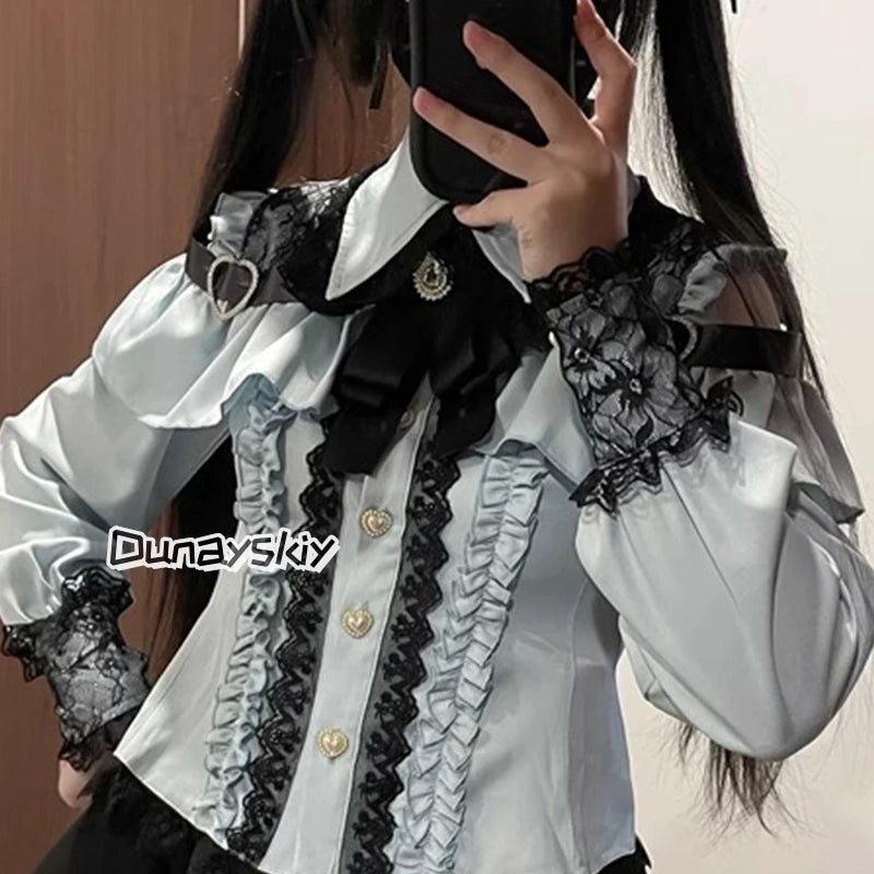 Jirai Kei Lolita Blouse Top — Y2K Sweet Japanese Style Long Shirt with Bow for Women, S-XL, 3 Colors