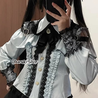 Jirai Kei Lolita Blouse Top — Y2K Sweet Japanese Style Long Shirt with Bow for Women, S-XL, 3 Colors