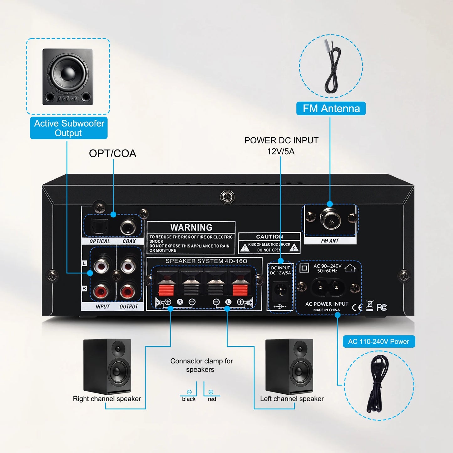 Woopker AK Series Digital Bluetooth Amplifier – 2 Channel HiFi Audio Amp with FM & USB for Home, Car & Karaoke