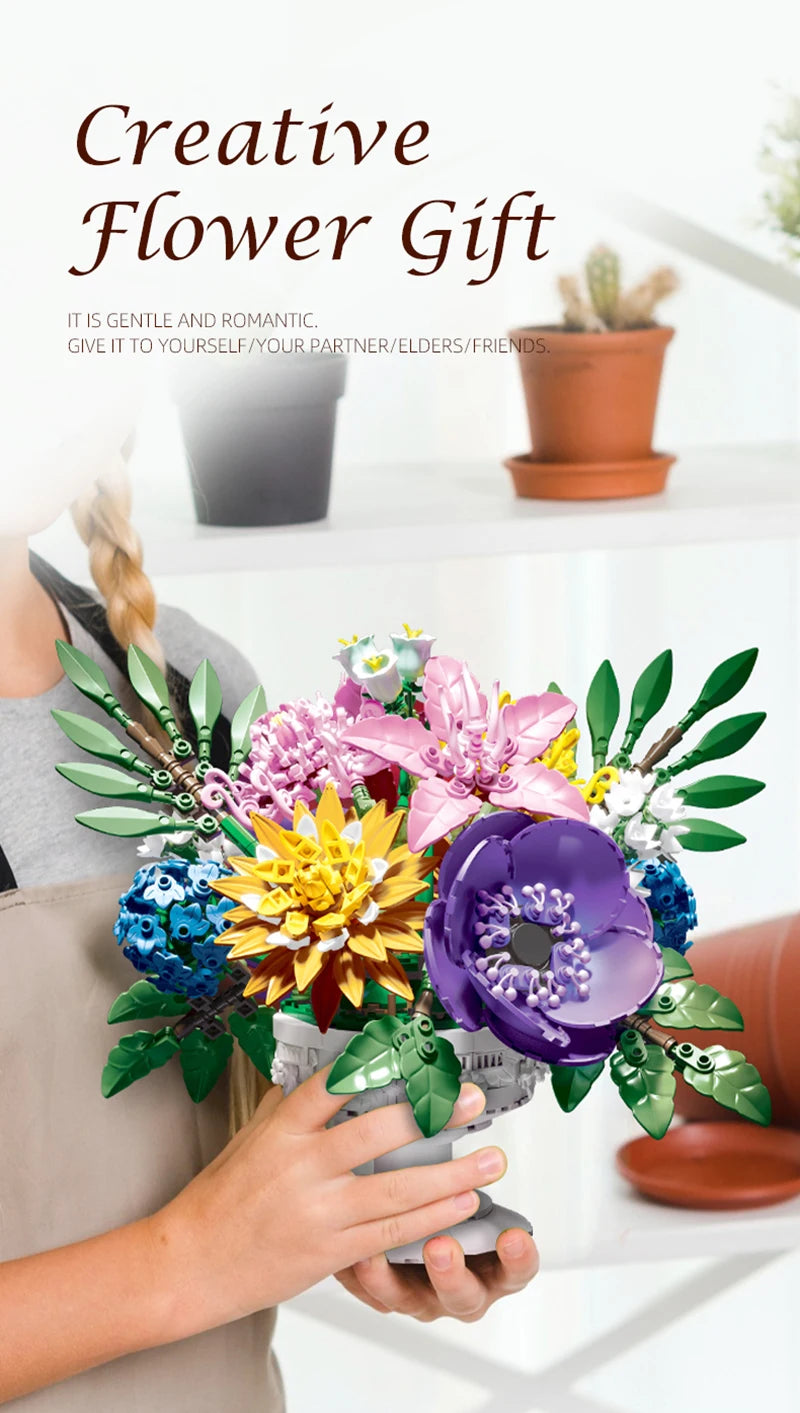 1081PCS Dream Flower Bouquet Building Blocks – Model Room & Garden Ornaments Toy for Kids, Girls, Adults, Christmas Gifts