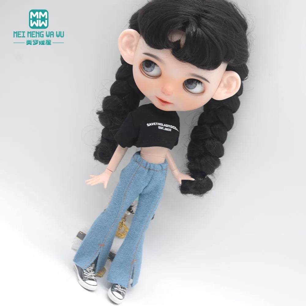 Blythe Doll Clothes – Fashion Tops, Black & White Shirts with Jeans & Plaid Pants for Azone OB22/OB24 Dolls
