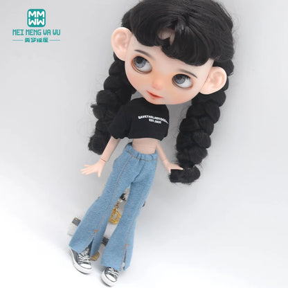 Blythe Doll Clothes – Fashion Tops, Black & White Shirts with Jeans & Plaid Pants for Azone OB22/OB24 Dolls