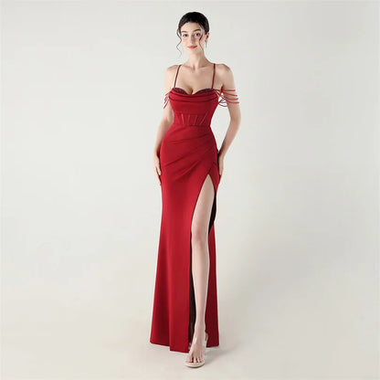 DEERVEADO Women’s Satin Strap Evening Dress — Beaded Sexy Mermaid Slit Long Formal Party Gown