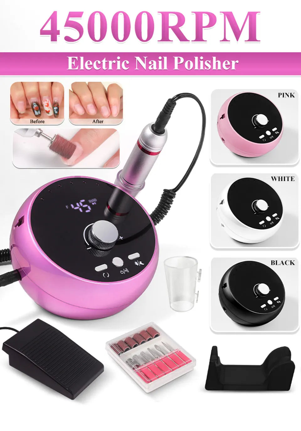 Professional 45000RPM Electric Nail Drill Machine – Manicure Sander for Gel & Cuticle Removal, White/Pink/Purple