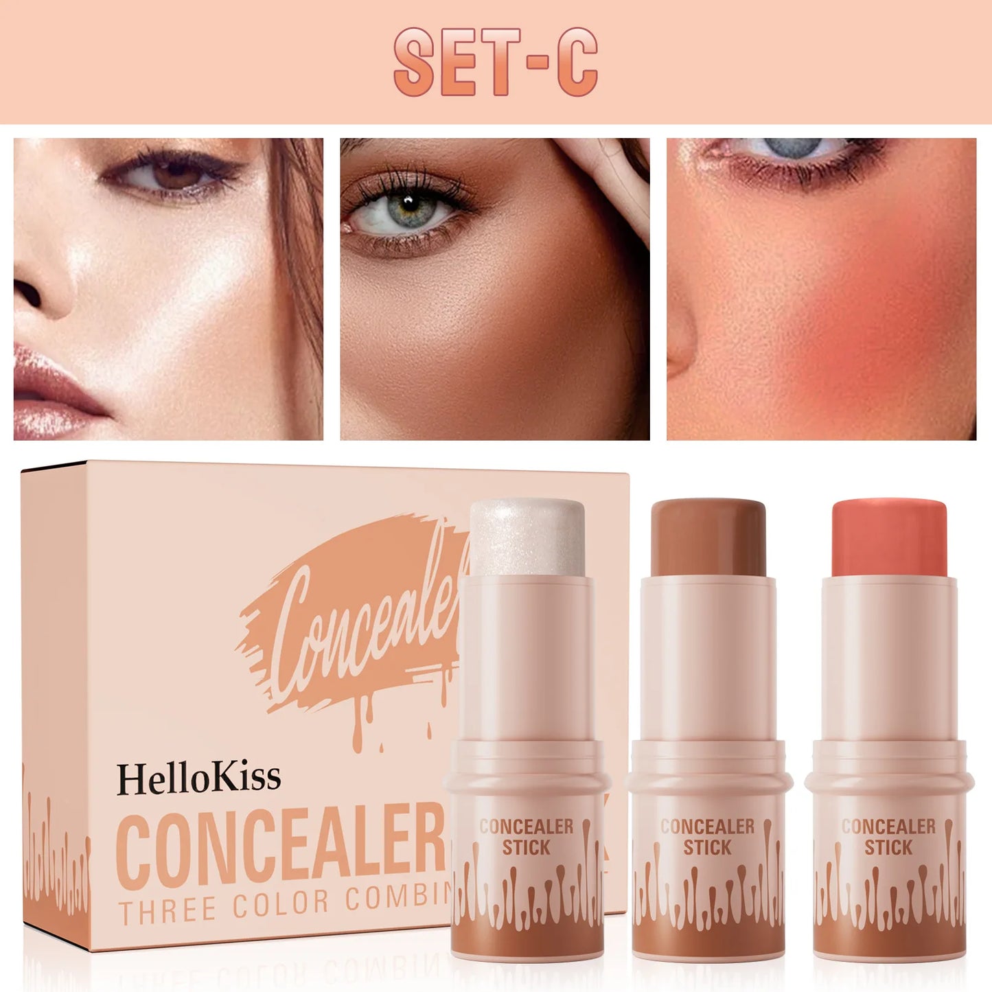 Hellokiss Multifunctional Grooming Stick 3-Piece Set – 3D Modification, Highlight & Brightening Blush Stick
