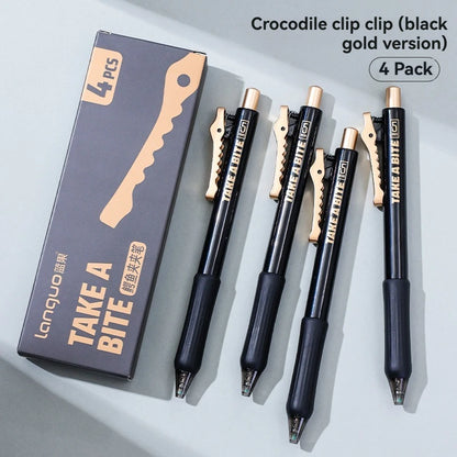 4-Piece Crocodile Clip Gel Pen Set - 0.5mm Black Ink Quick-Dry Smooth Writing Pens