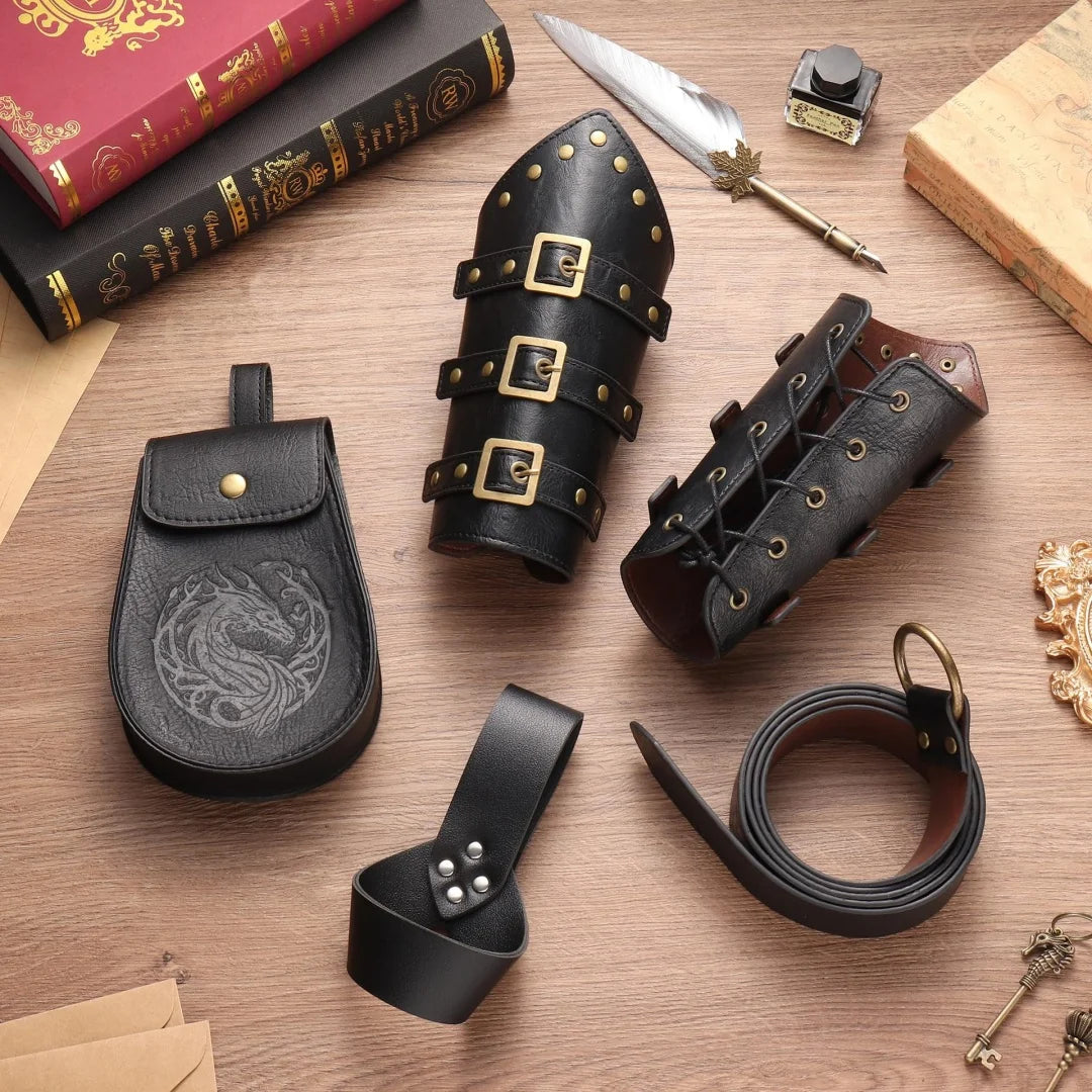 Medieval Viking Belt & Bracelet Set – Renaissance Copper Coin Waist Bag Cosplay Accessories for Halloween Dress Up