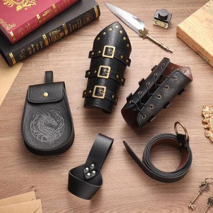 Medieval Viking Belt & Bracelet Set – Renaissance Copper Coin Waist Bag Cosplay Accessories for Halloween Dress Up