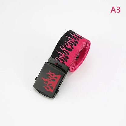 Hip Hop Fashion Canvas Belt – Personalized Flame Design, Casual & Punk Cowboy Belt for Men & Women